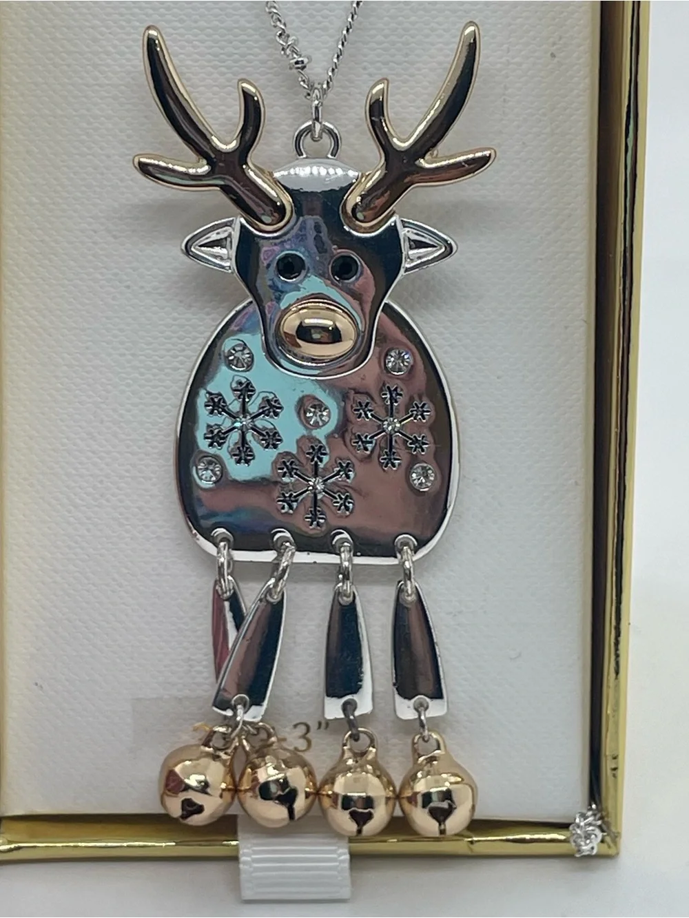 Christmas Silver Gold Tone Reindeer Bell Pendant Necklace In Box *No Earrings*